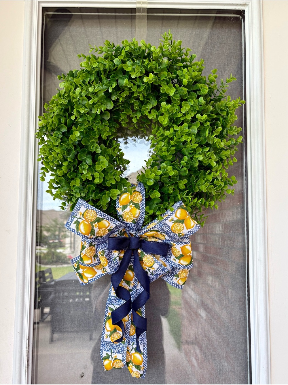 Green Boxwood Wreath with Lemon Print & Navy Bow Summer Citrus Door Decor